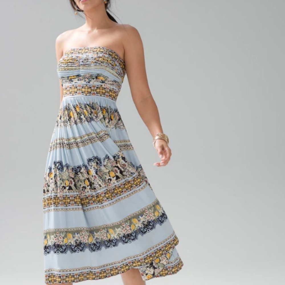 NEW White House Black Market Strapless Tile Border Blue Dress